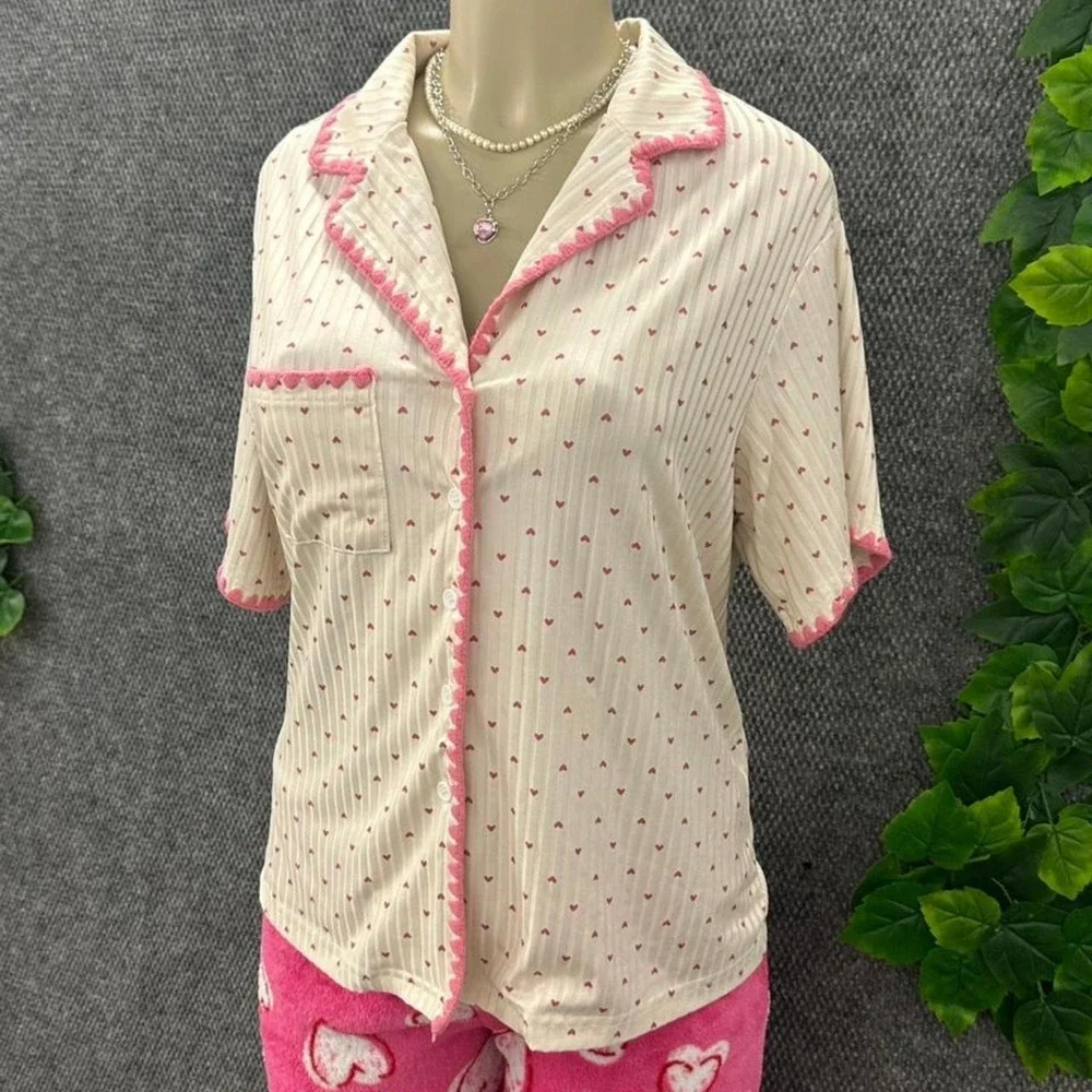 Coquette Pink Heart Ribbed Button Up Pajama Sleep Shirt Women's